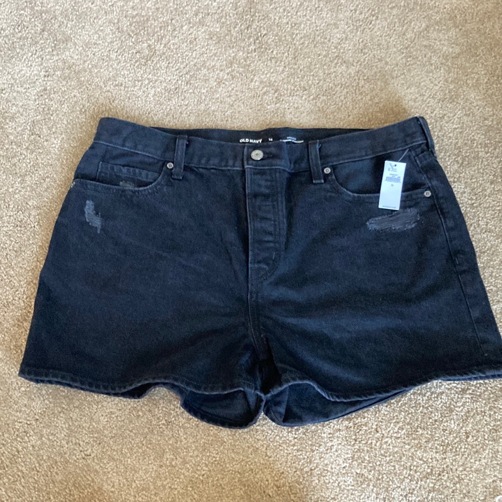 Old Navy high rise slouchy straight black jean shorts size 14